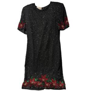 Laurence Kazar Vintage Beaded Sequin Poinsettia Flower Christmas Dress Size Med